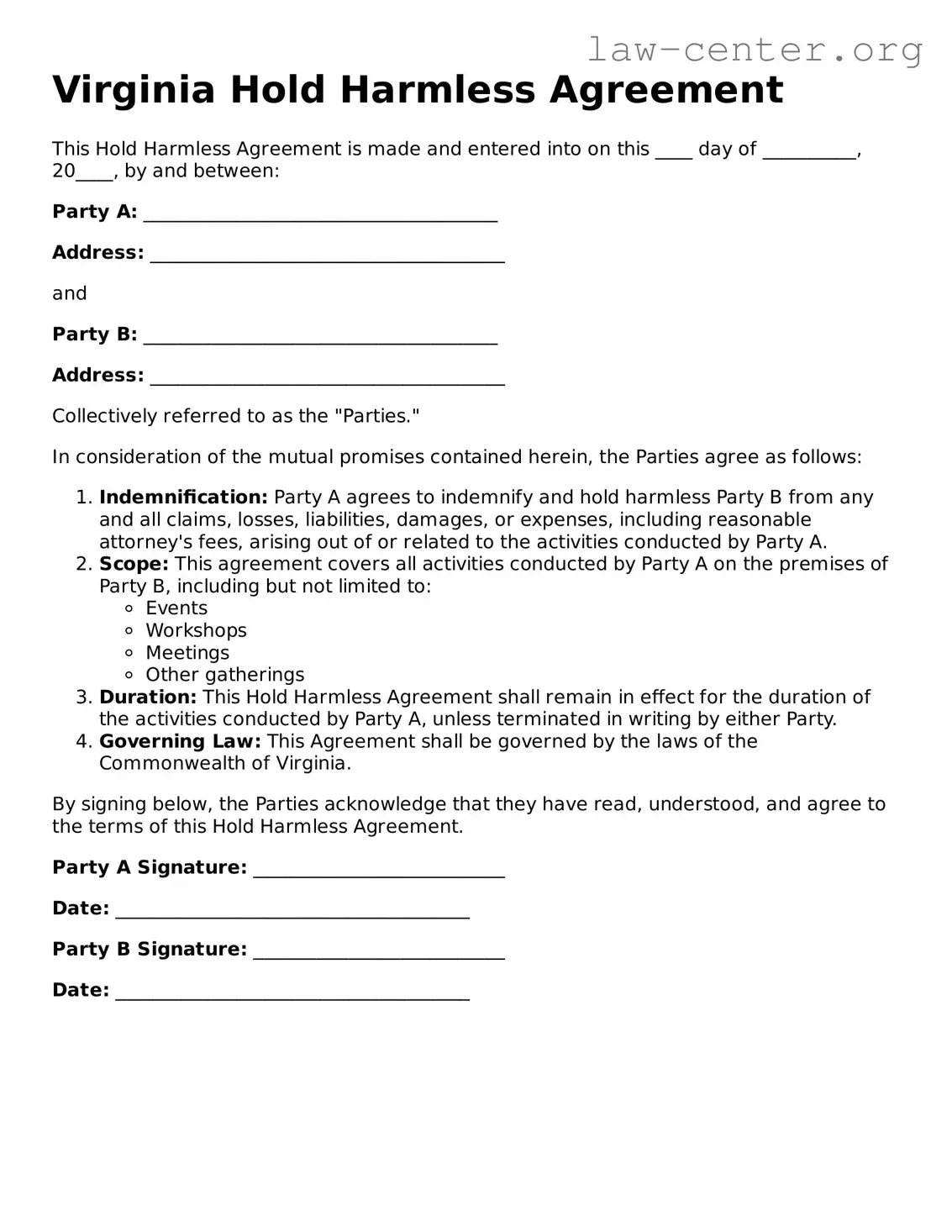 Attorney-Approved Virginia Hold Harmless Agreement Document