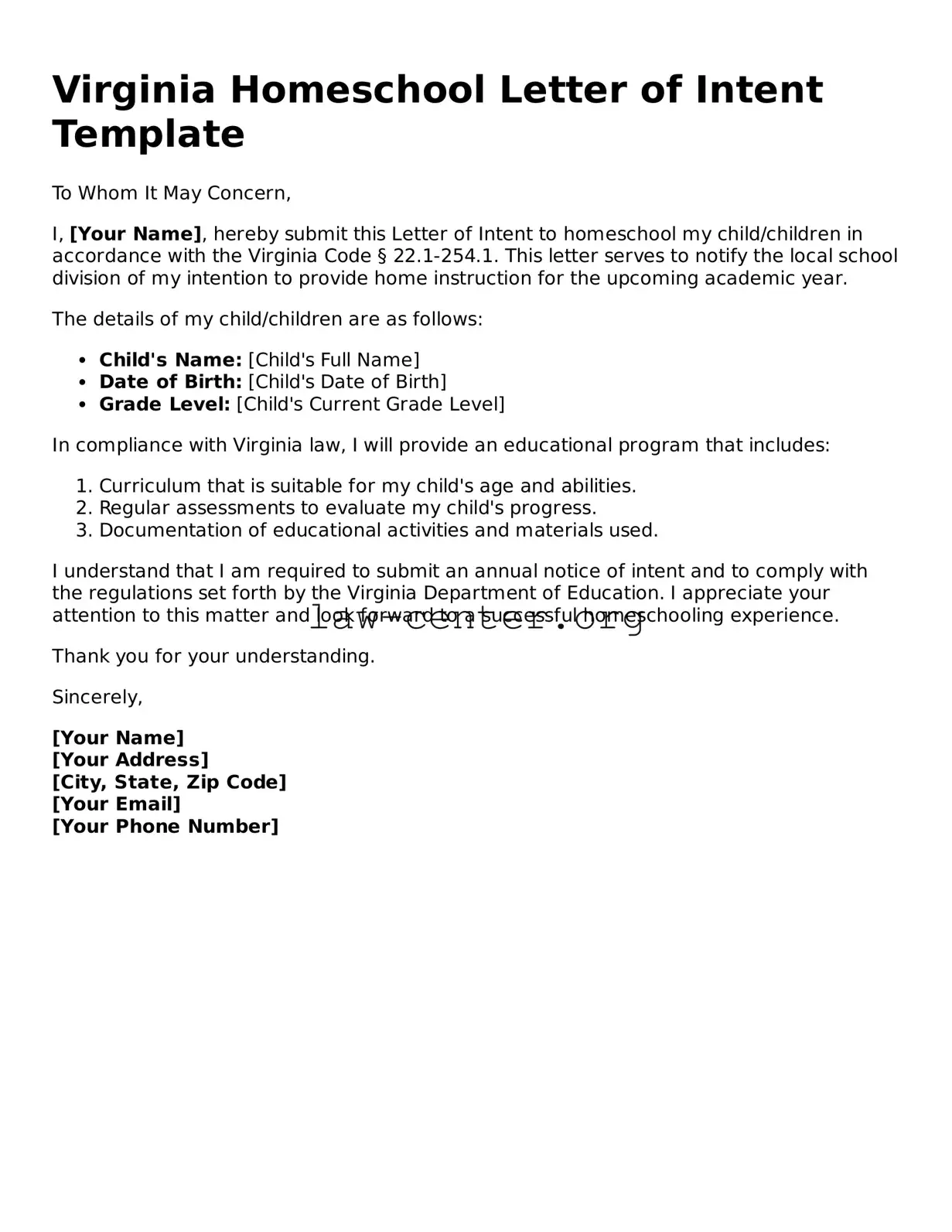 Attorney-Approved Virginia Homeschool Letter of Intent Document