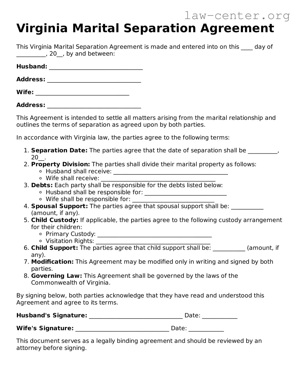 Attorney-Approved Virginia Marital Separation Agreement Document