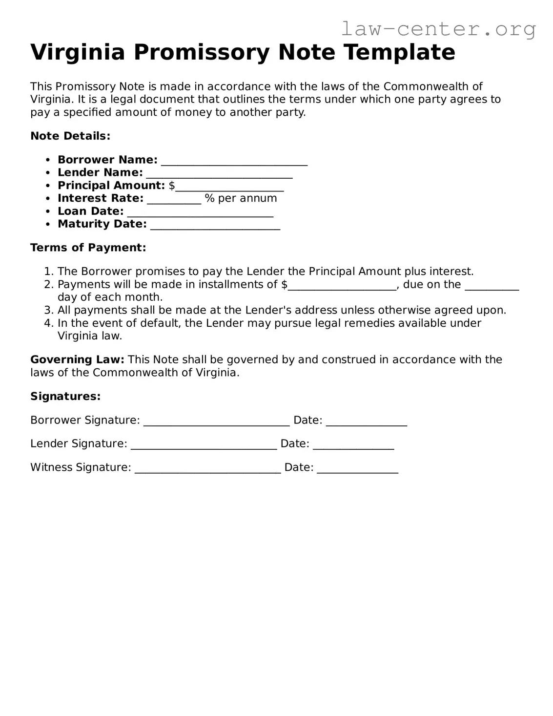 Attorney-Approved Virginia Promissory Note Document