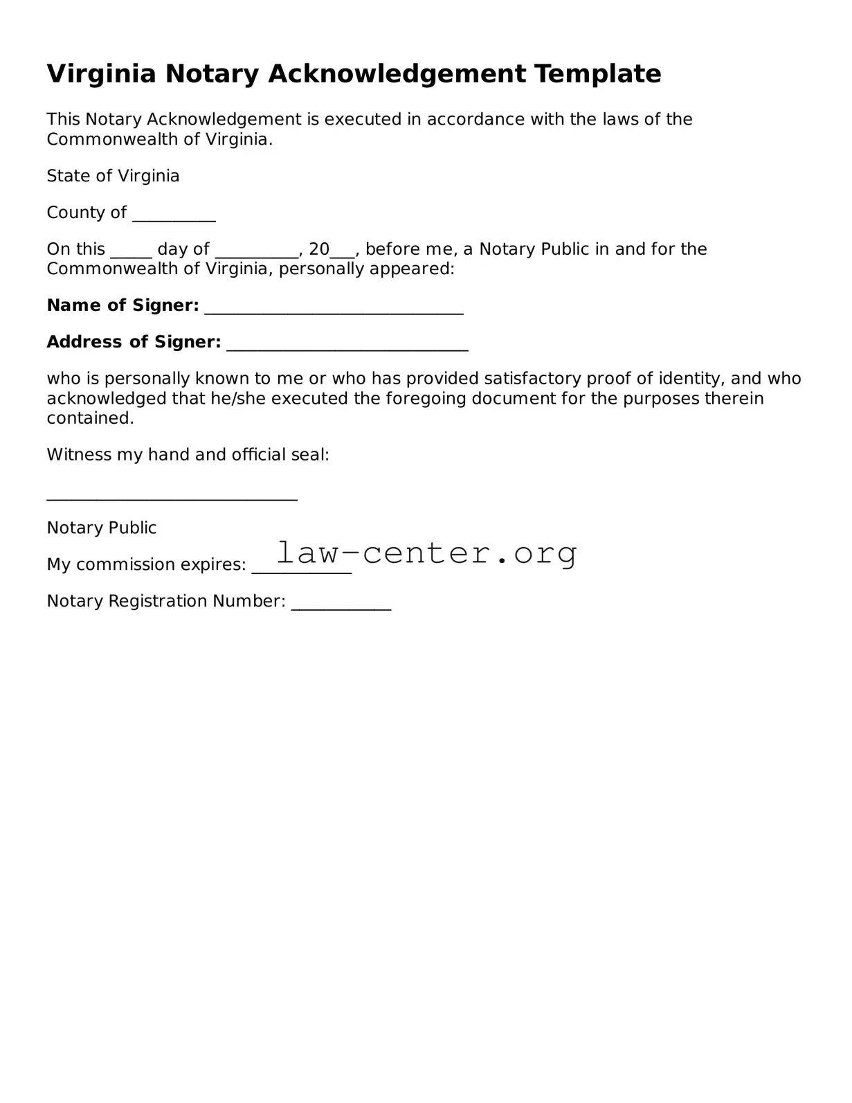 Attorney-Approved Virginia Notary Acknowledgement Document
