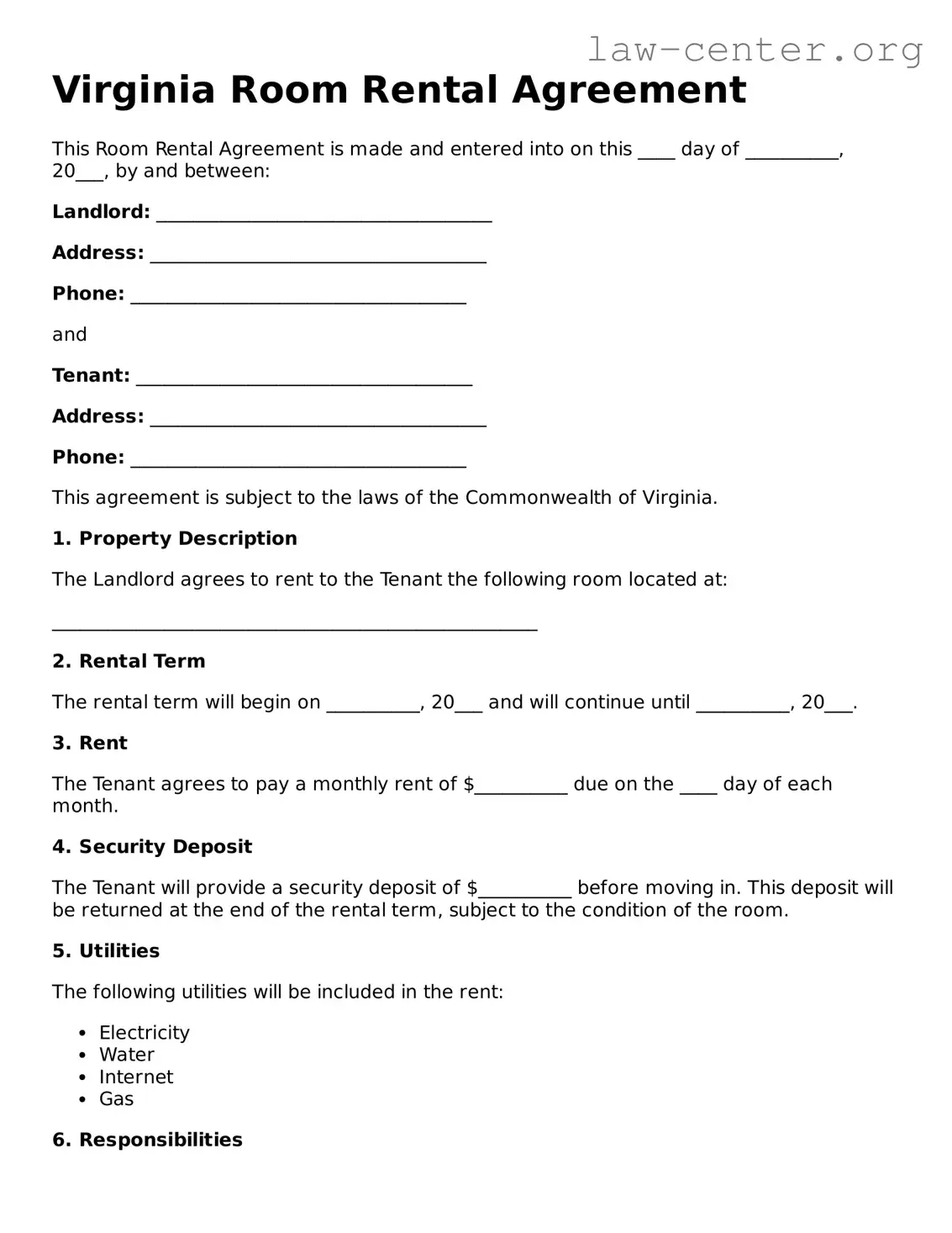 Attorney-Approved Virginia Room Rental Agreement Document