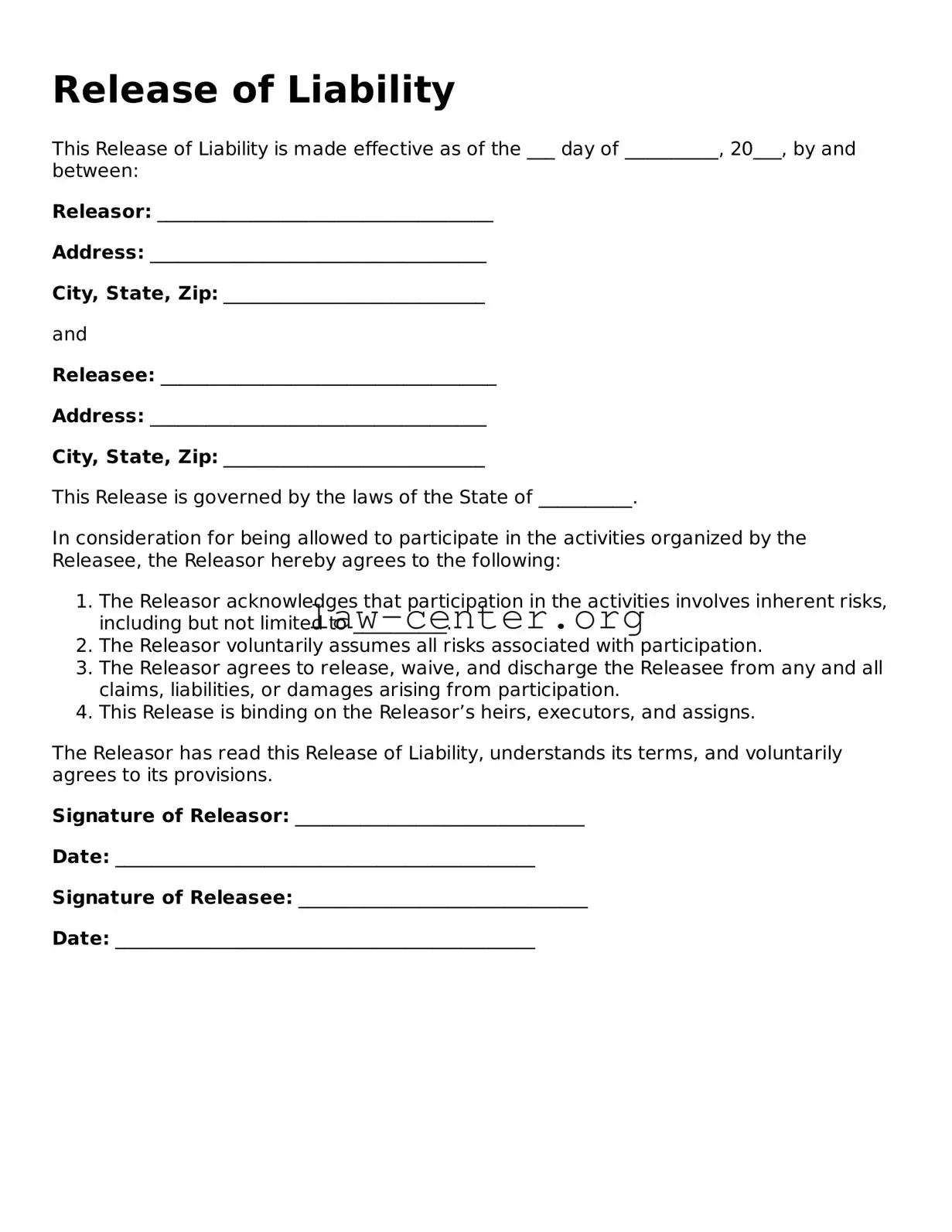 Free Release of Liability Template