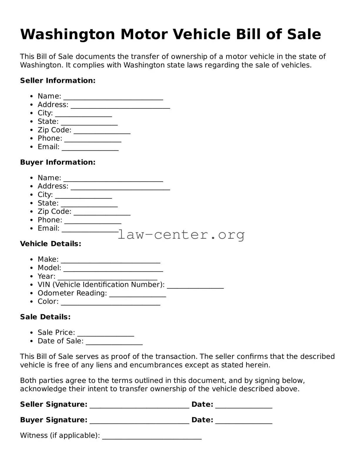 Attorney-Approved Washington Motor Vehicle Bill of Sale Document