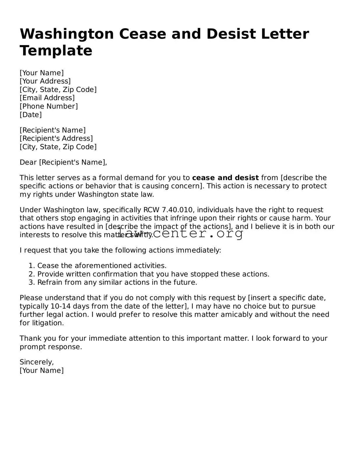 Attorney-Approved Washington Cease and Desist Letter Document