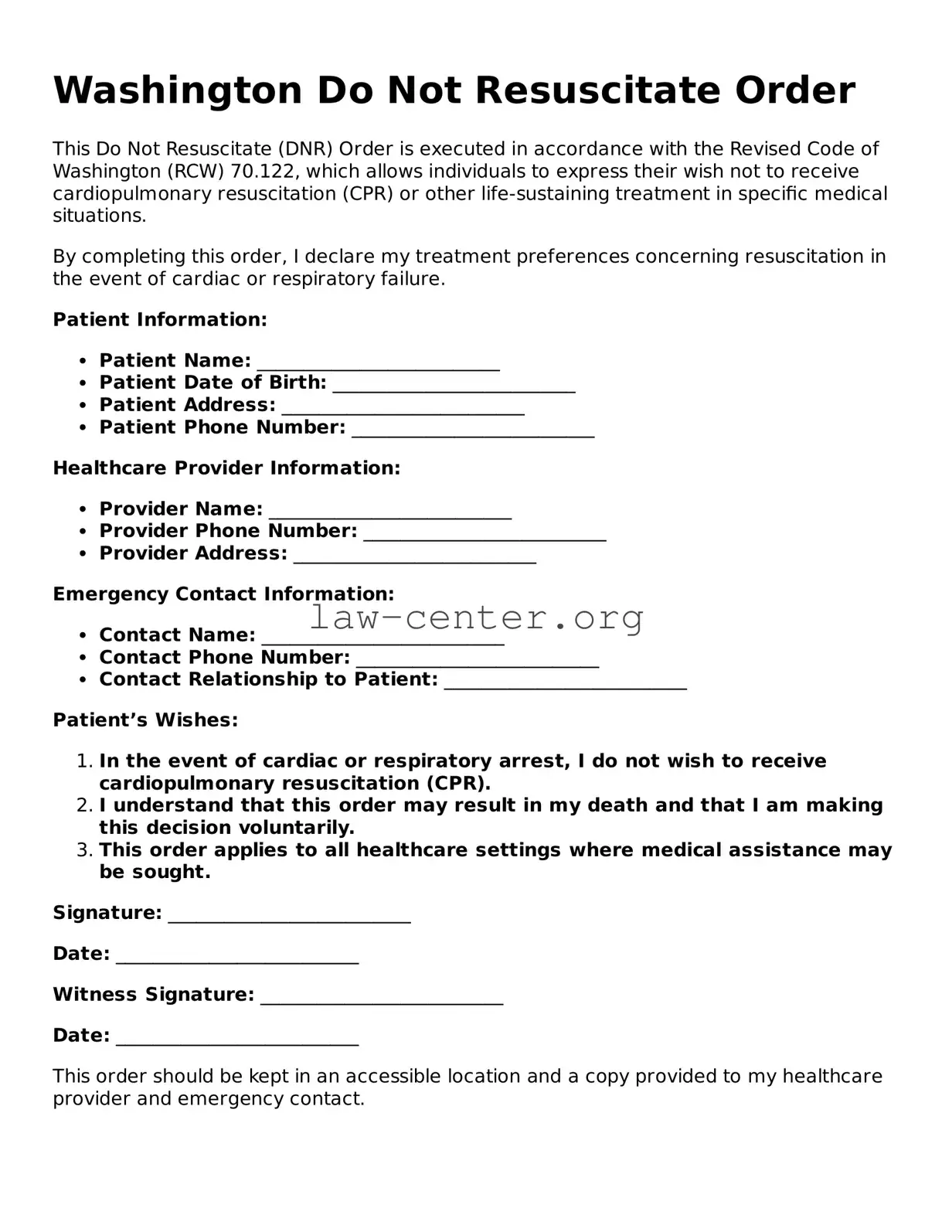 Attorney-Approved Washington Do Not Resuscitate Order Document