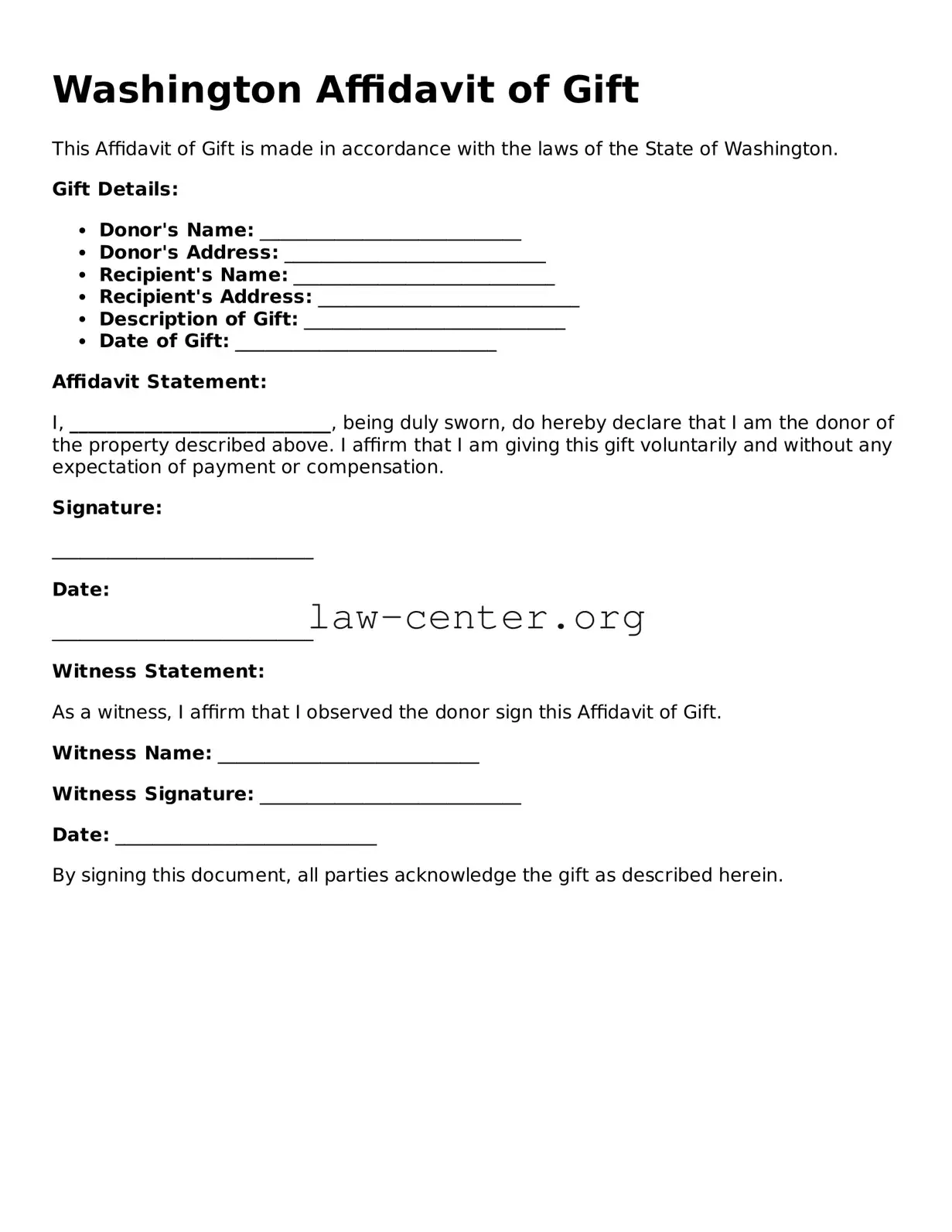 Attorney-Approved Washington Affidavit of Gift Document