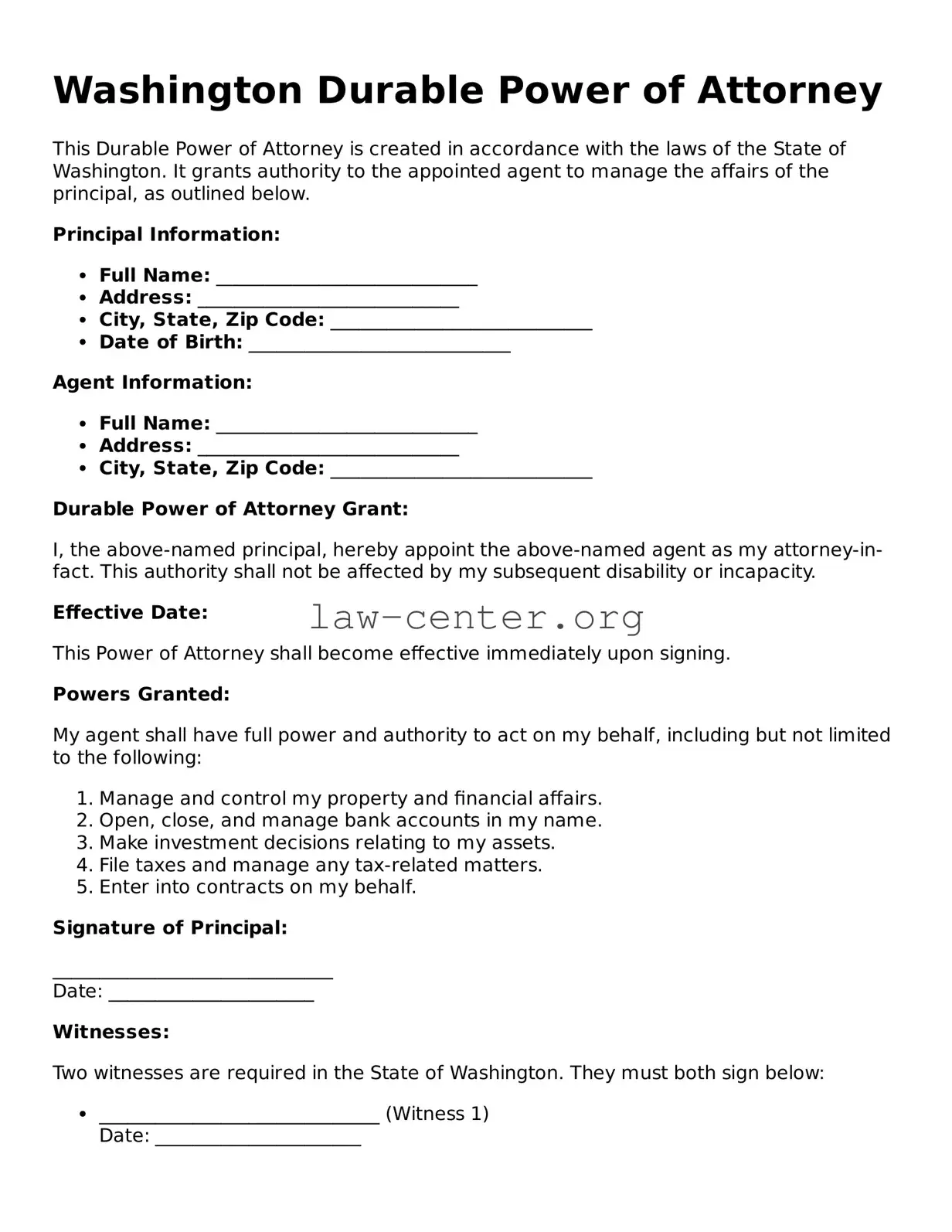 Attorney-Approved Washington Durable Power of Attorney Document