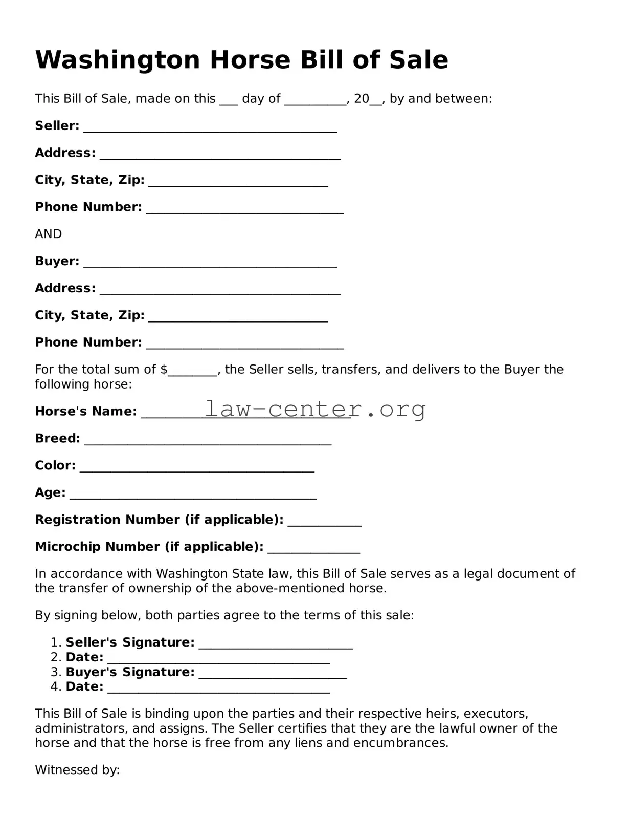 Attorney-Approved Washington Horse Bill of Sale Document