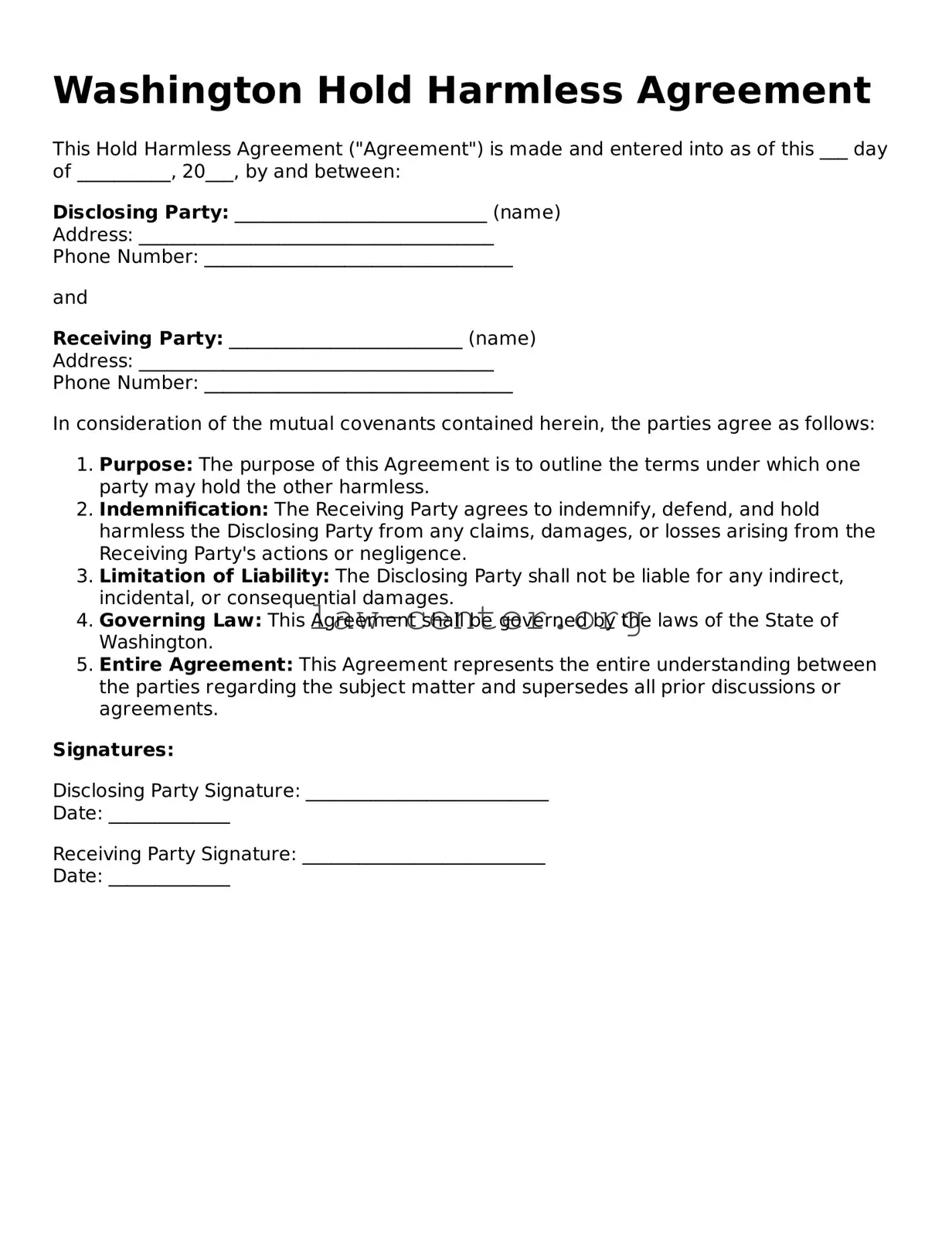 Attorney-Approved Washington Hold Harmless Agreement Document