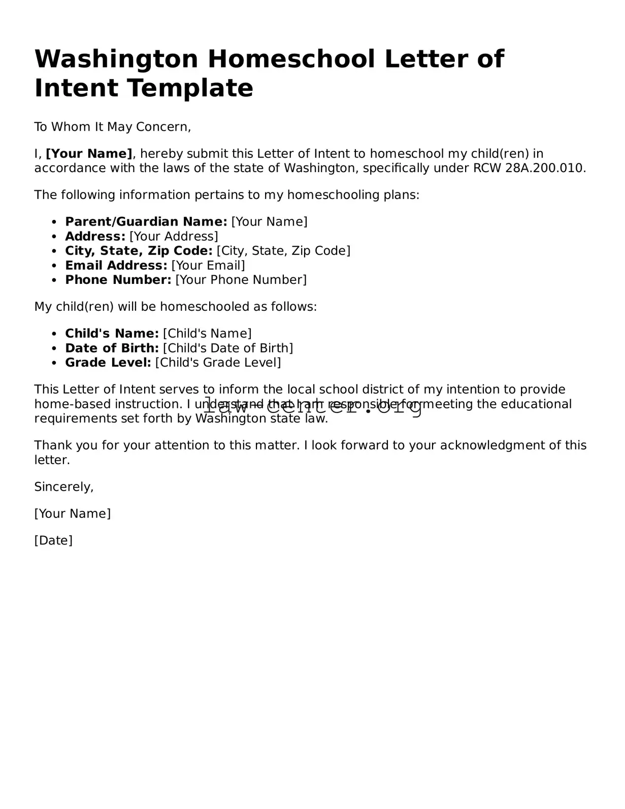 Attorney-Approved Washington Homeschool Letter of Intent Document