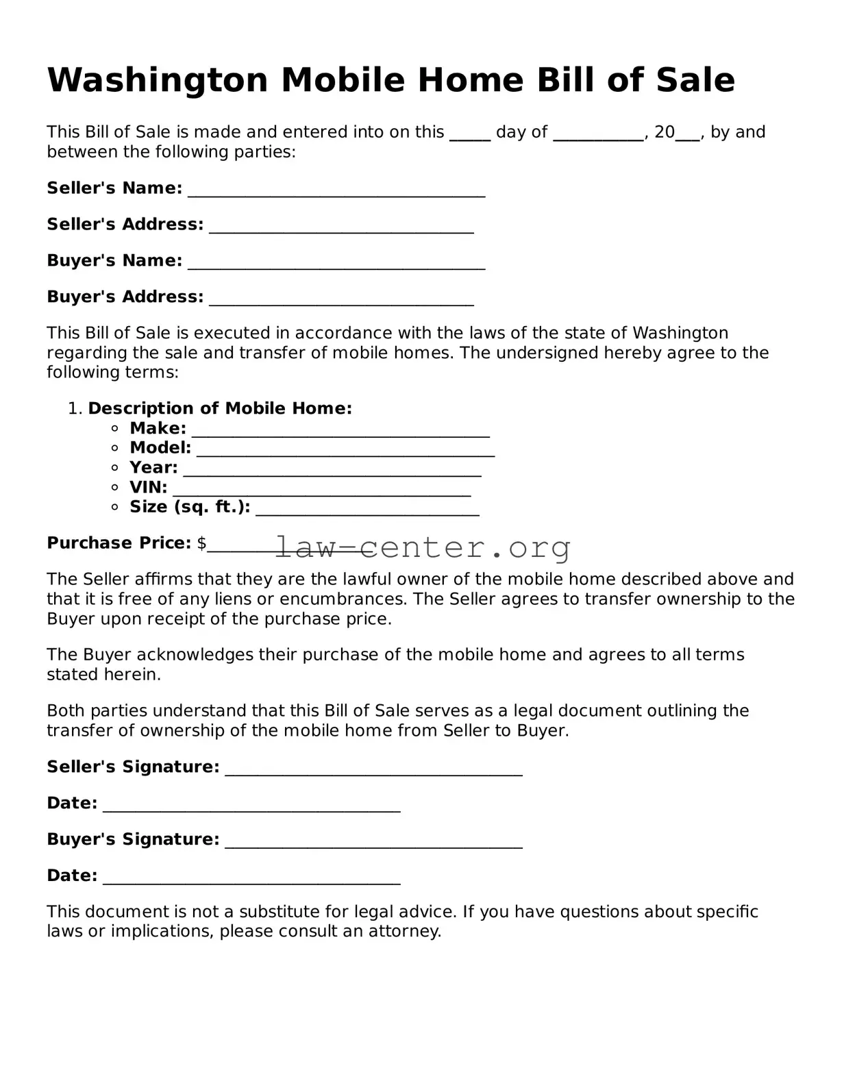 Attorney-Approved Washington Mobile Home Bill of Sale Document
