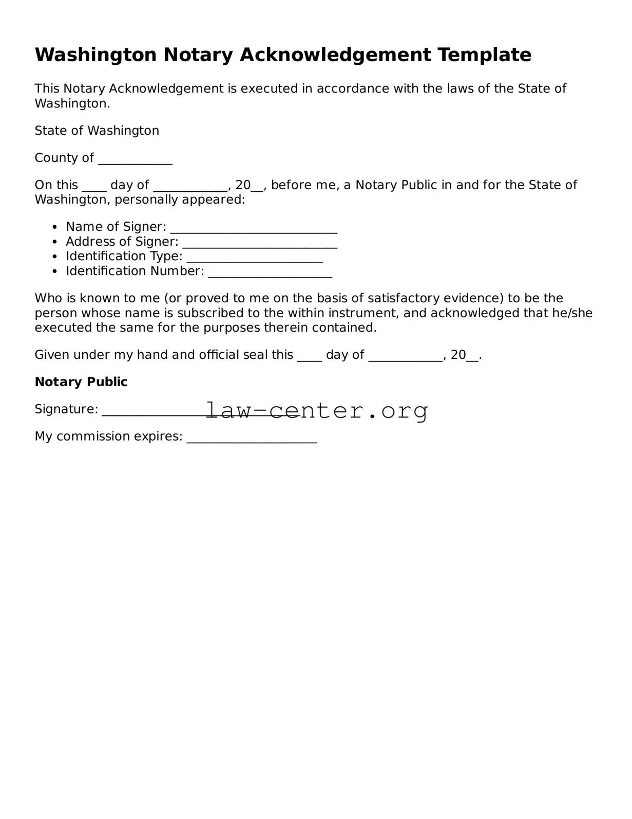 Attorney-Approved Washington Notary Acknowledgement Document