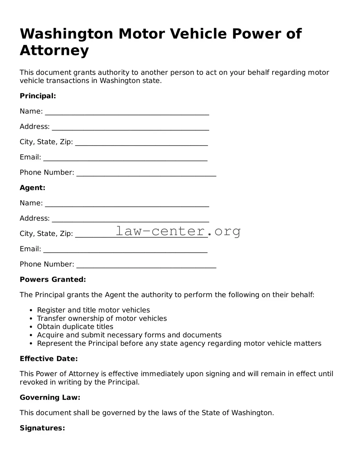Attorney-Approved Washington Motor Vehicle Power of Attorney Document