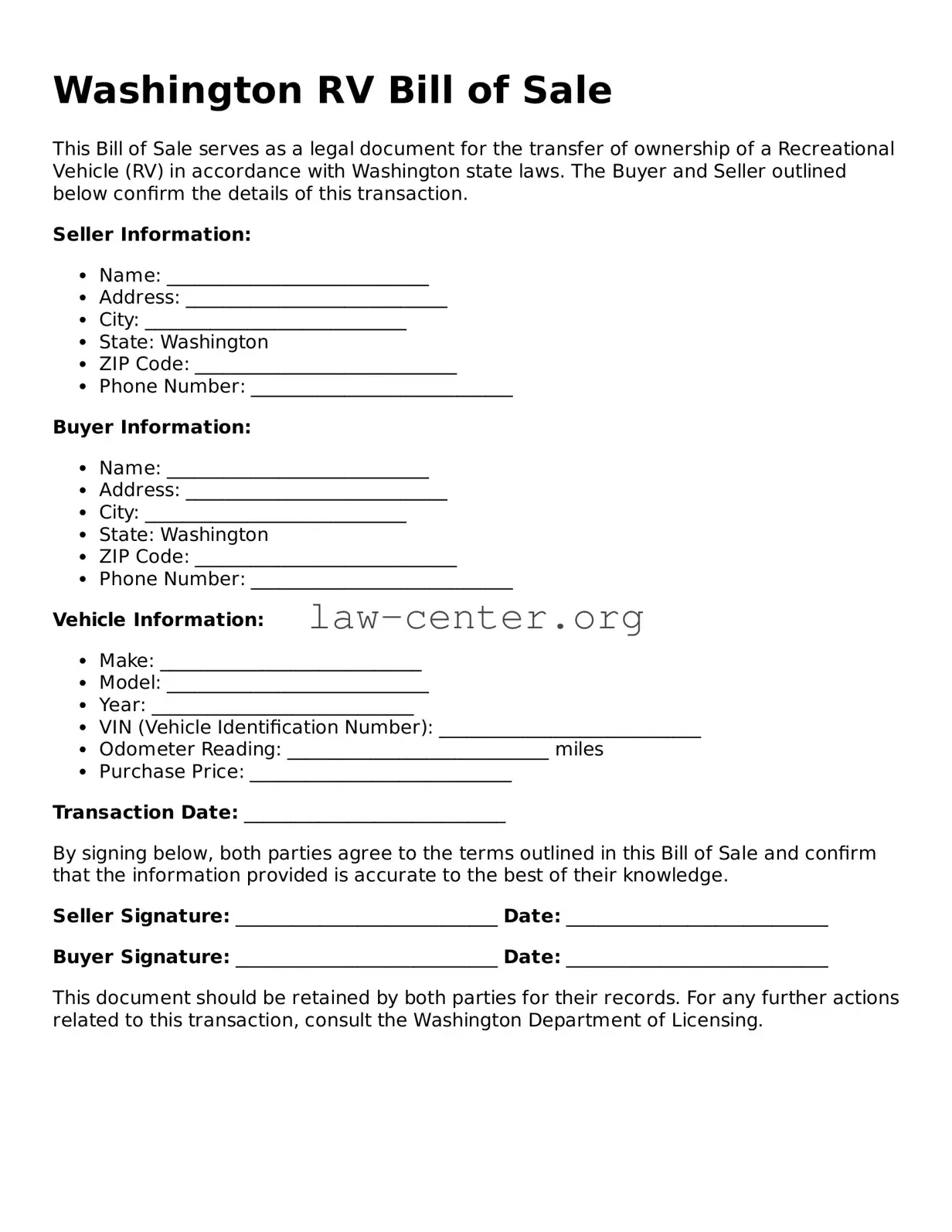 Attorney-Approved Washington RV Bill of Sale Document