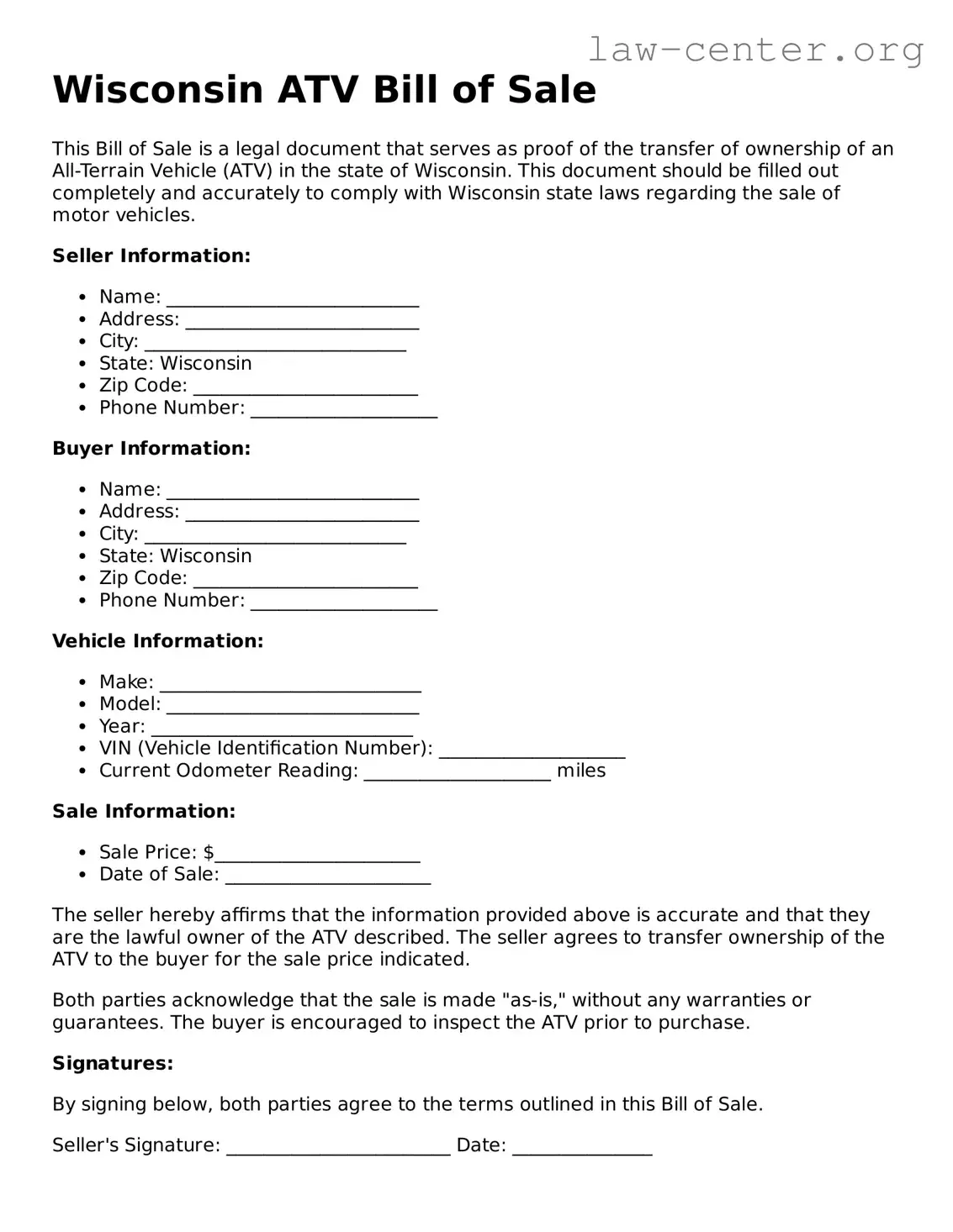 Attorney-Approved Wisconsin ATV Bill of Sale Document