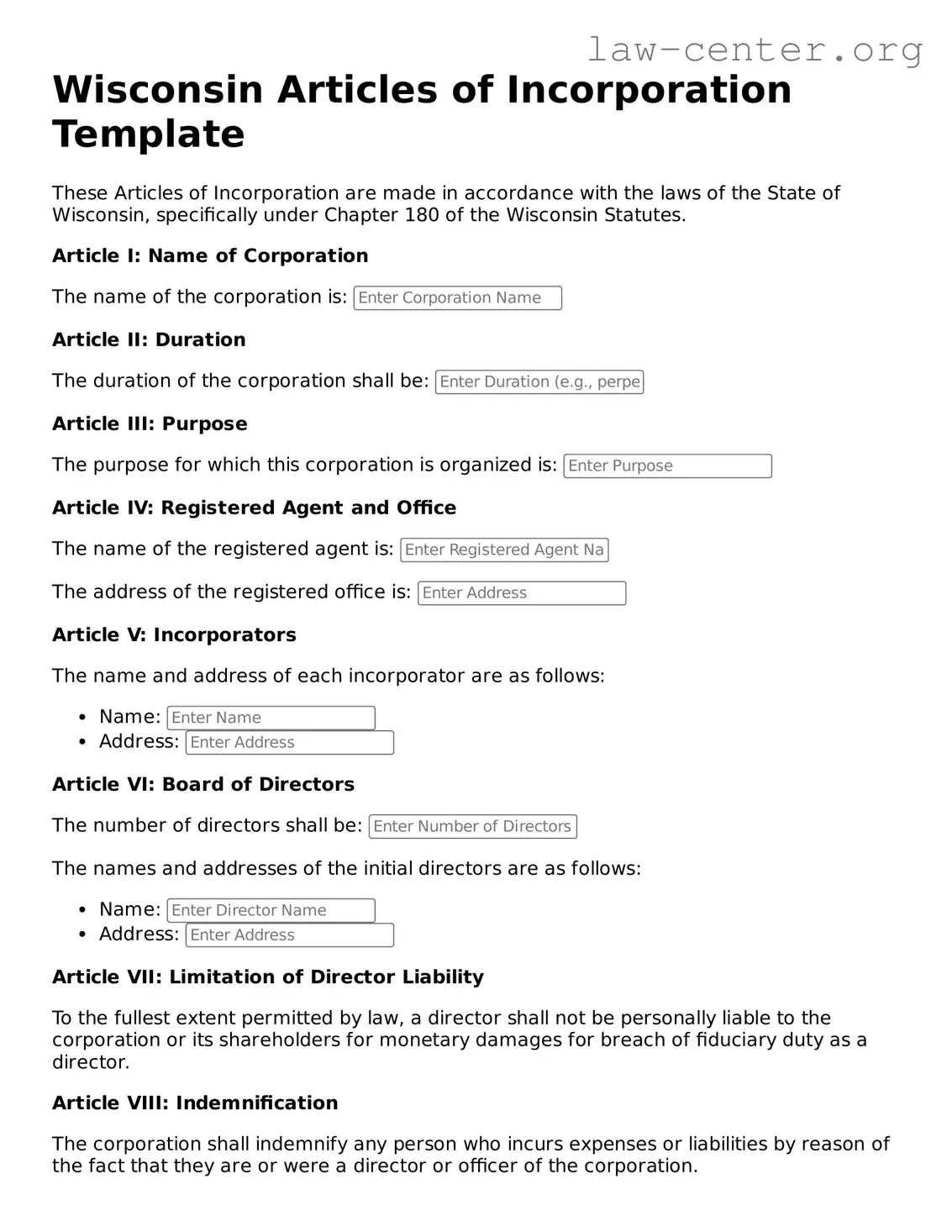 Attorney-Approved Wisconsin Articles of Incorporation Document