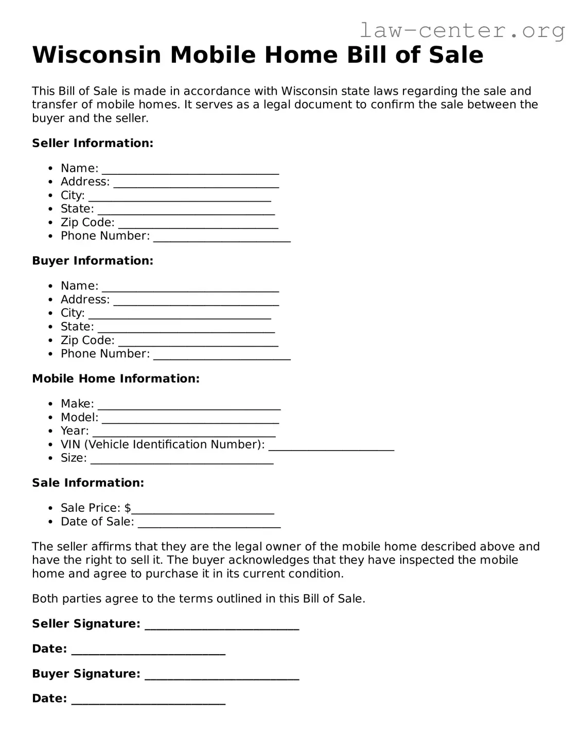 Attorney-Approved Wisconsin Mobile Home Bill of Sale Document