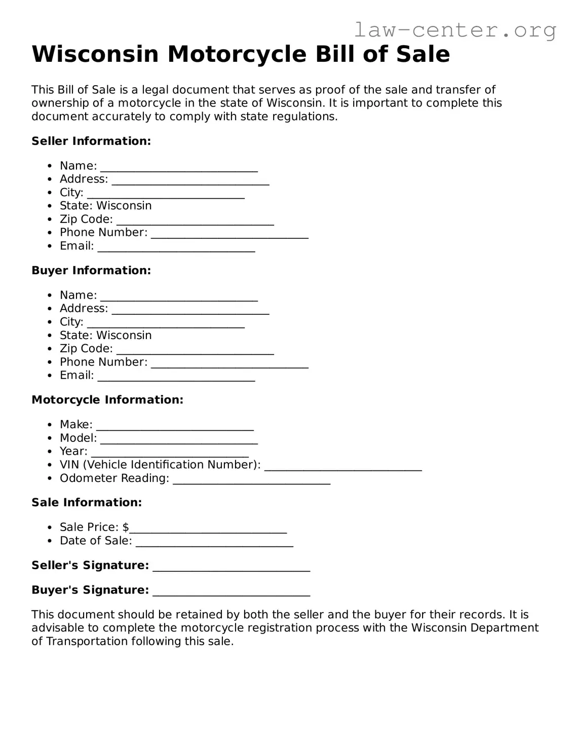 Attorney-Approved Wisconsin Motorcycle Bill of Sale Document