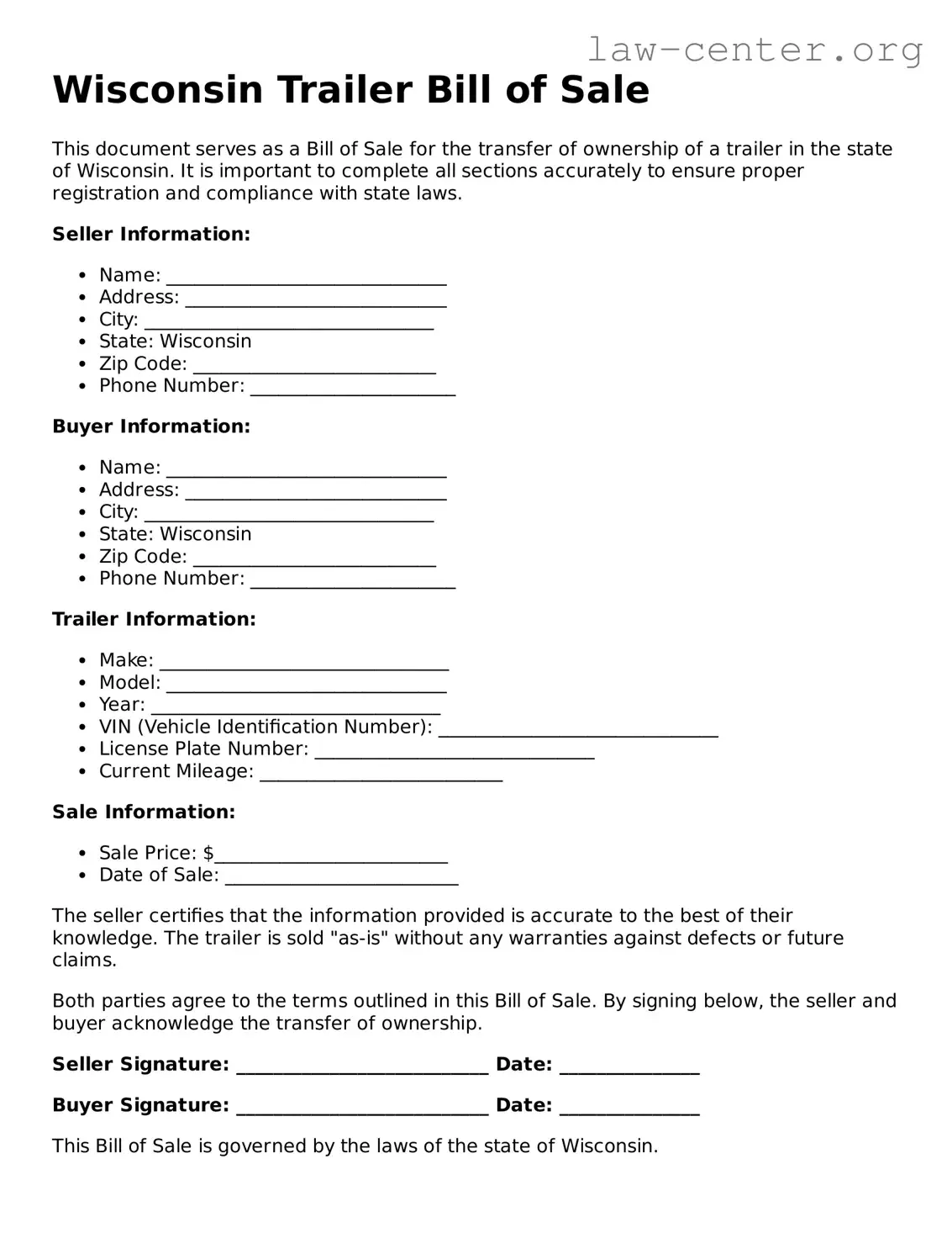 Attorney-Approved Wisconsin Trailer Bill of Sale Document