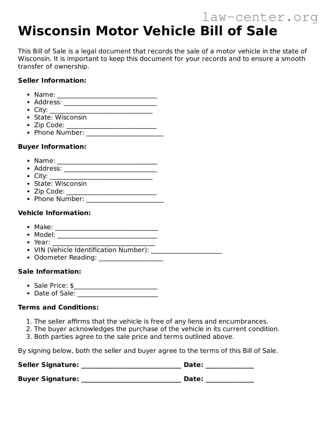 Attorney-Approved Wisconsin Motor Vehicle Bill of Sale Document