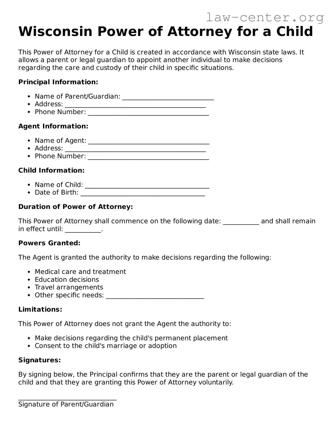 Attorney-Approved Wisconsin Power of Attorney for a Child Document