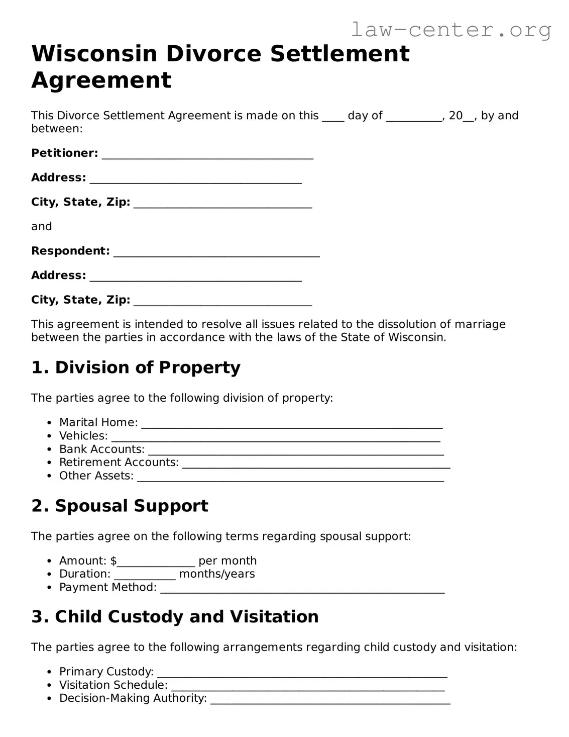 Attorney-Approved Wisconsin Divorce Settlement Agreement Document
