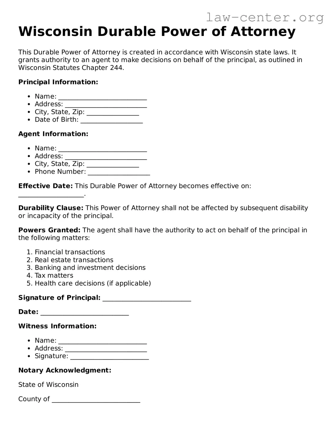 Attorney-Approved Wisconsin Durable Power of Attorney Document