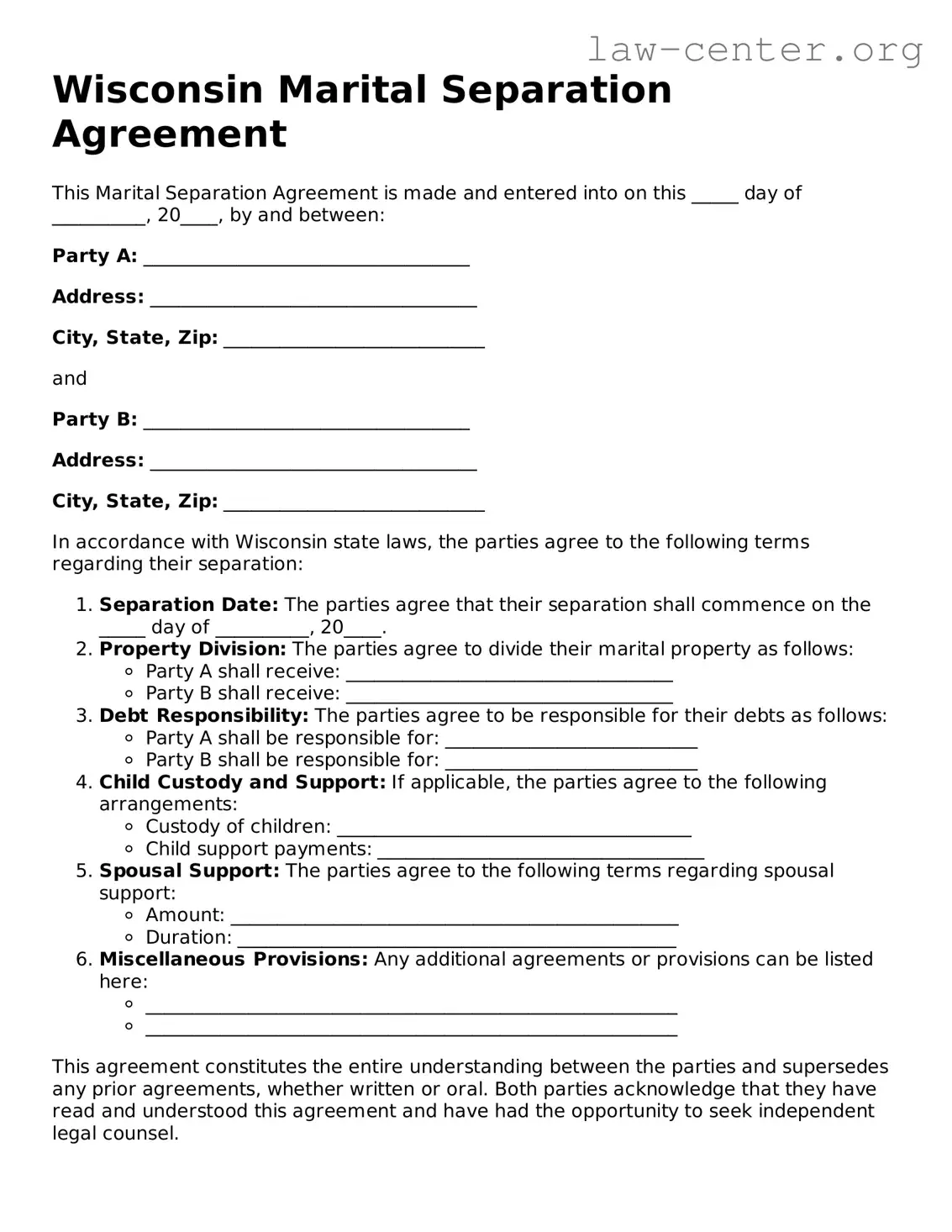 Attorney-Approved Wisconsin Marital Separation Agreement Document