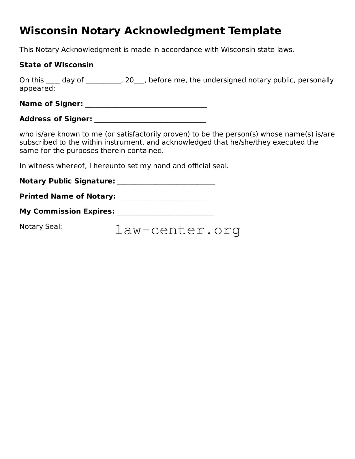 Attorney-Approved Wisconsin Notary Acknowledgement Document