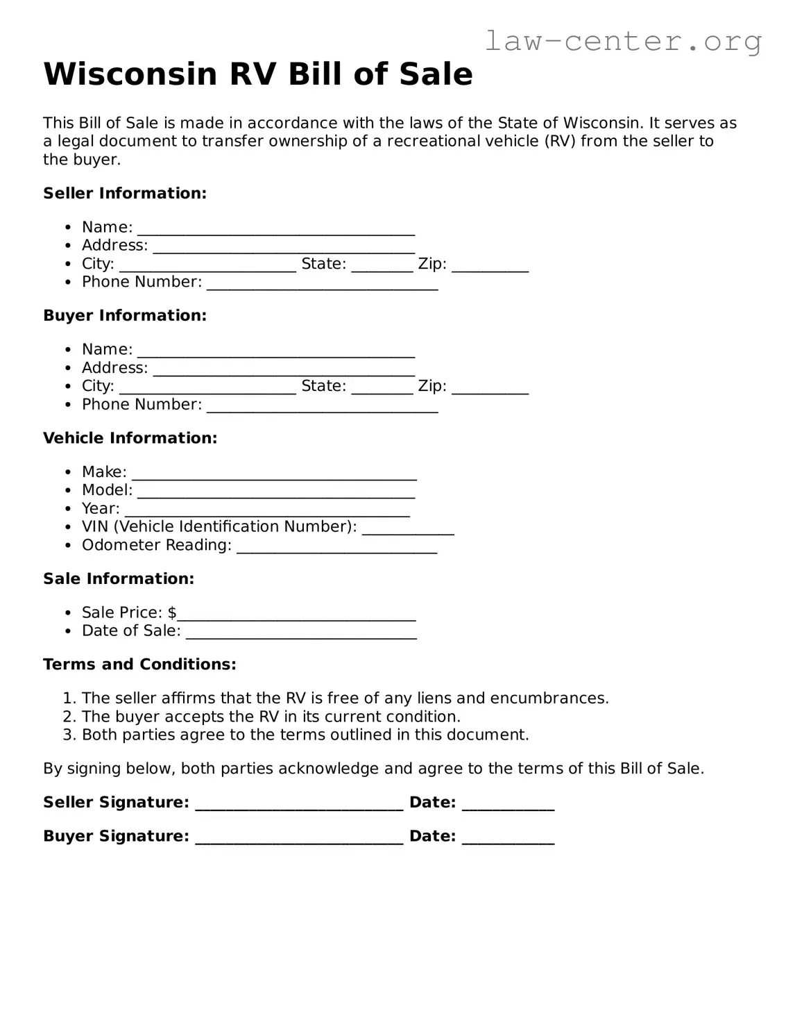 Attorney-Approved Wisconsin RV Bill of Sale Document