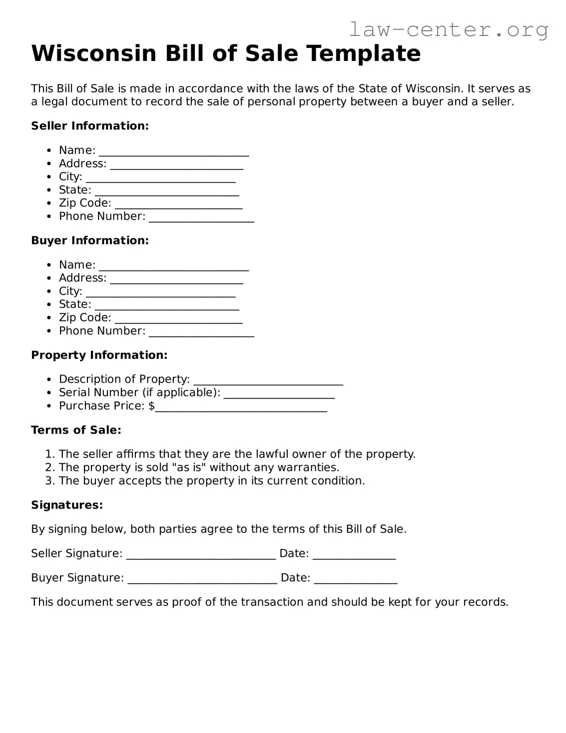 Attorney-Approved Wisconsin Bill of Sale Document