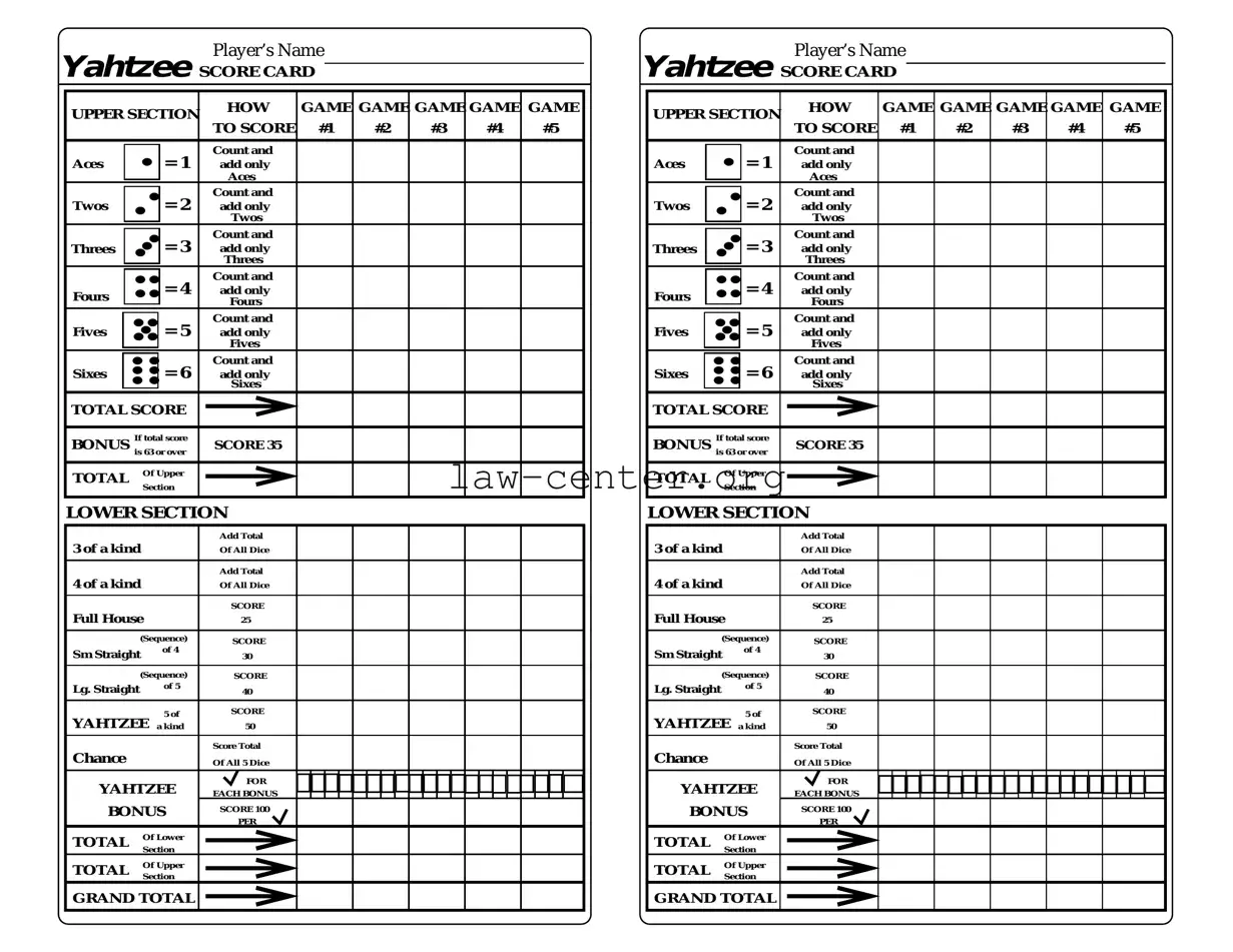 Get Yahtzee Score Card Form